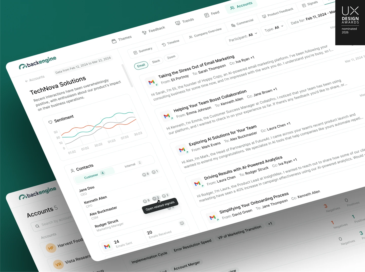 BackEngine account workspace showing sentiment history, contacts, messages, and&nbsp;the&nbsp;account portfolio