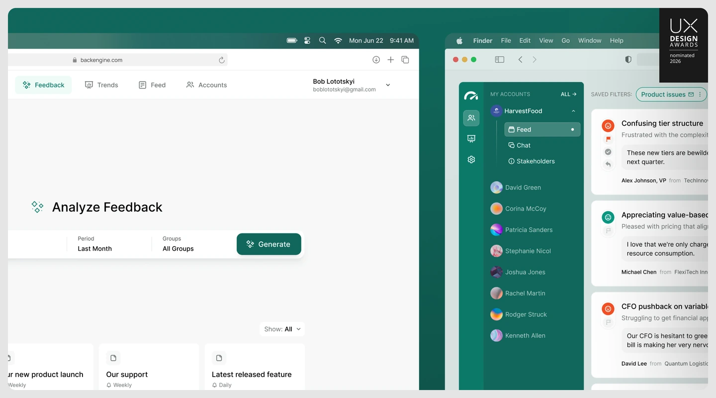 BackEngine feedback analysis alongside a&nbsp;Slack workspace with&nbsp;customer signals