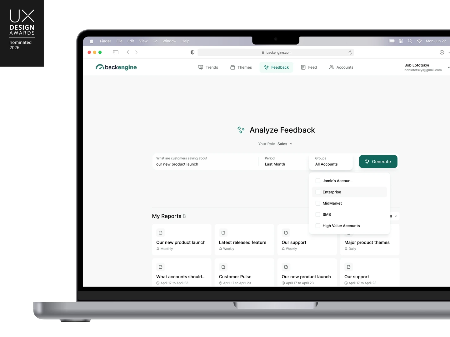 BackEngine Analyze Feedback workspace with&nbsp;a&nbsp;natural‑language question, time period, account groups, and&nbsp;saved reports