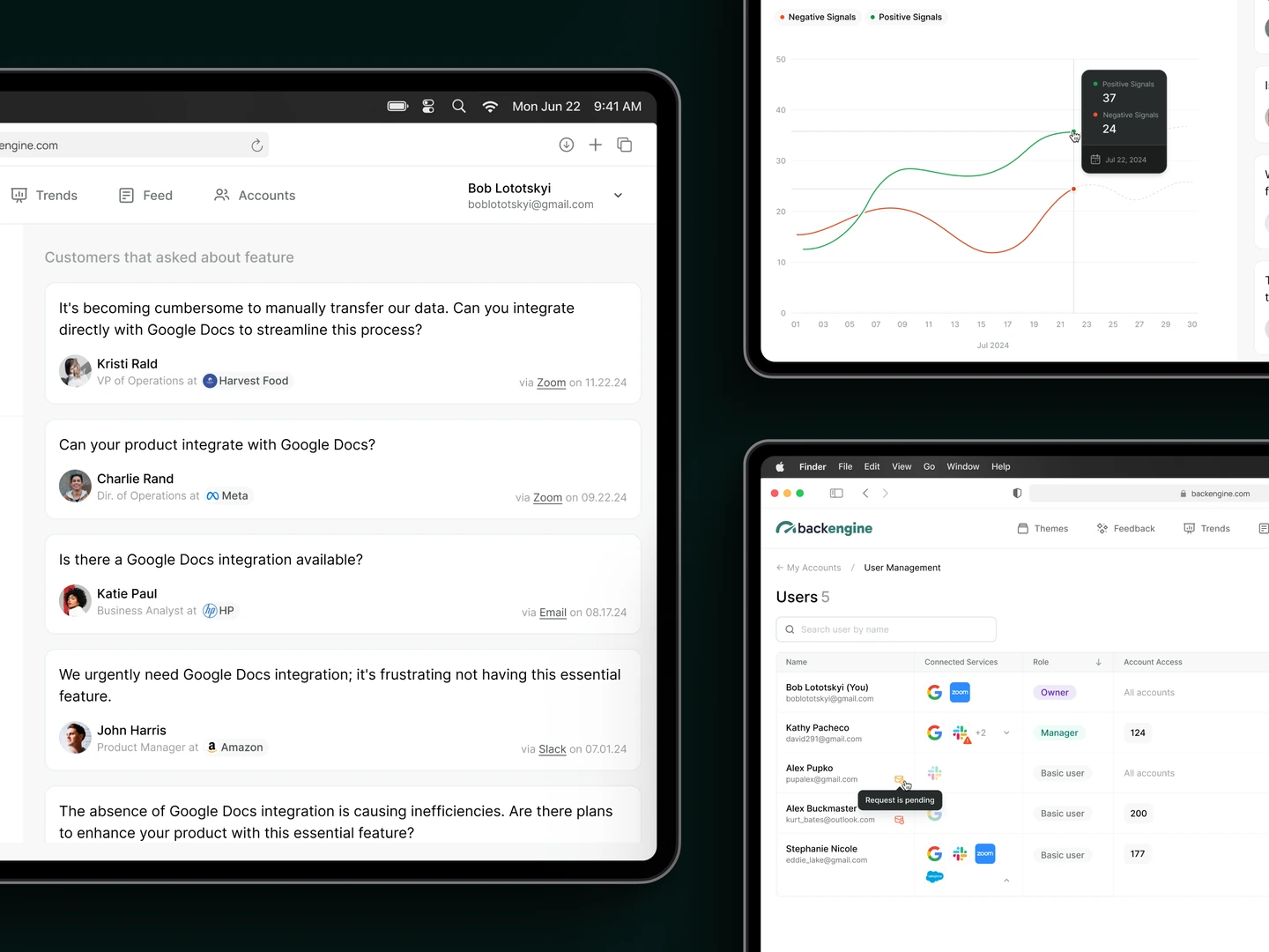 BackEngine customer feedback, sentiment trends, and&nbsp;connected team accounts