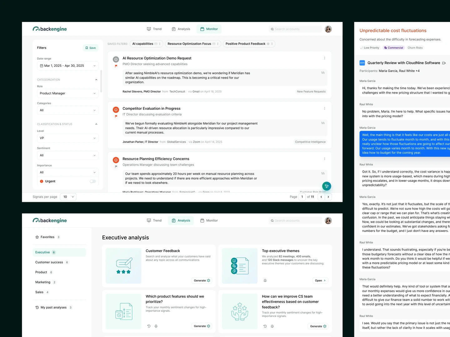 BackEngine signal feed, source conversation with&nbsp;highlighted evidence, and&nbsp;curated analysis library