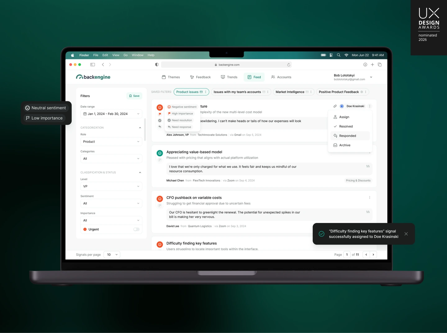 BackEngine signal cards with&nbsp;saved filters, sentiment, importance, and&nbsp;assignment actions