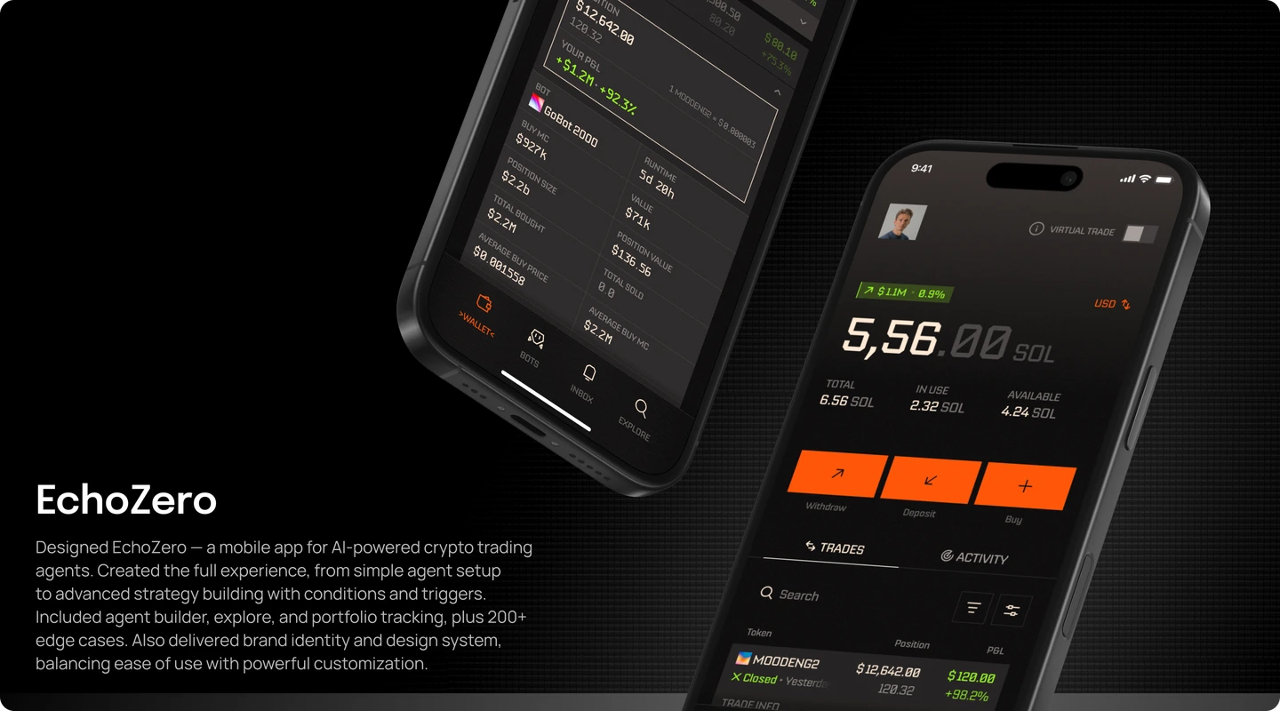 EchoZero mobile cover with&nbsp;agent portfolio, wallet, and&nbsp;trading controls
