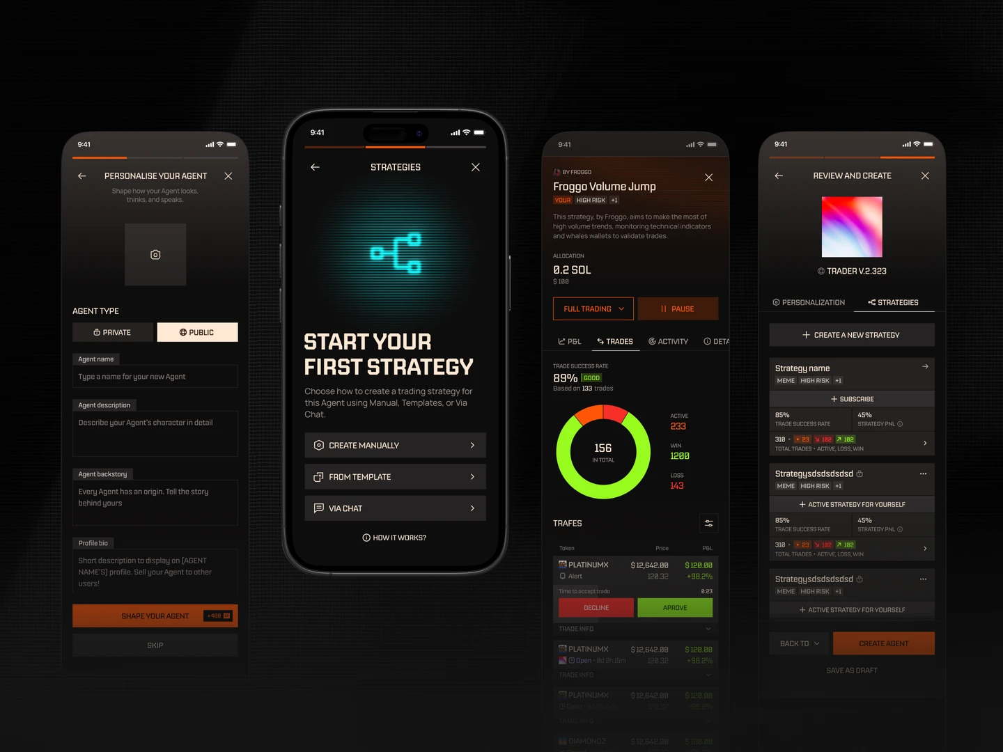 EchoZero screens for&nbsp;agent personalization, strategy creation, strategy detail, and&nbsp;review before activation