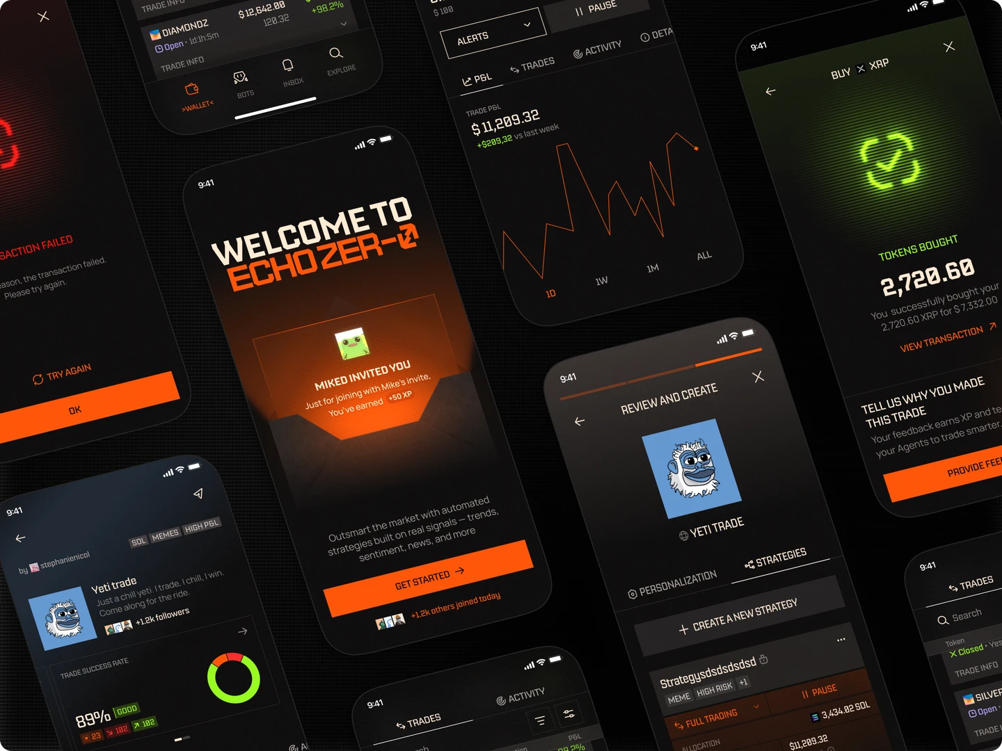 EchoZero mobile collage showing agent creation, strategy review, market charts, and&nbsp;onboarding