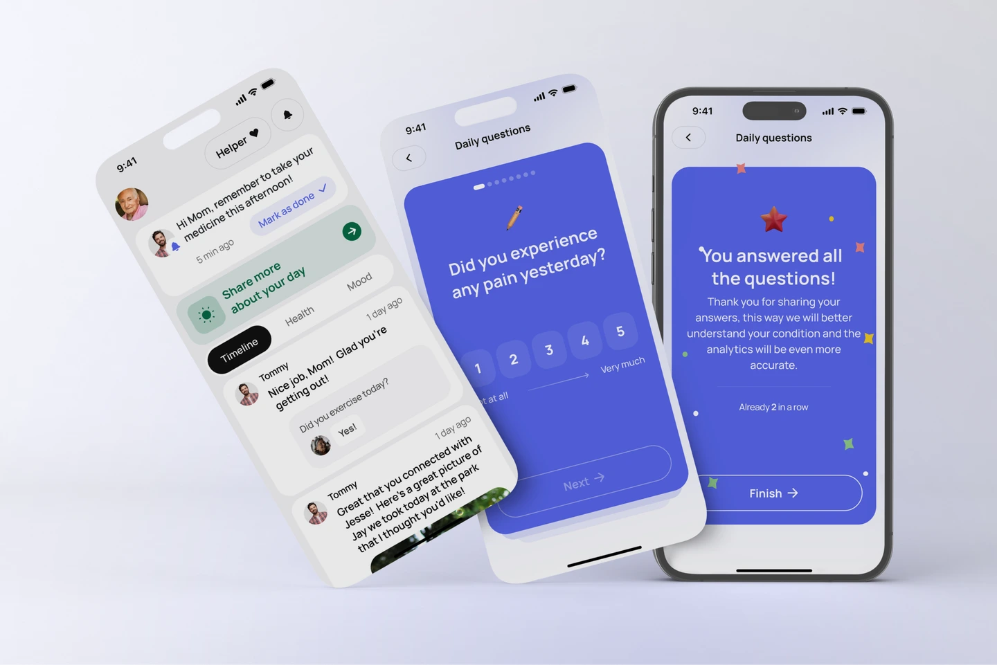 Gildage helper menu, daily questions, and&nbsp;completed check‑in&nbsp;screens