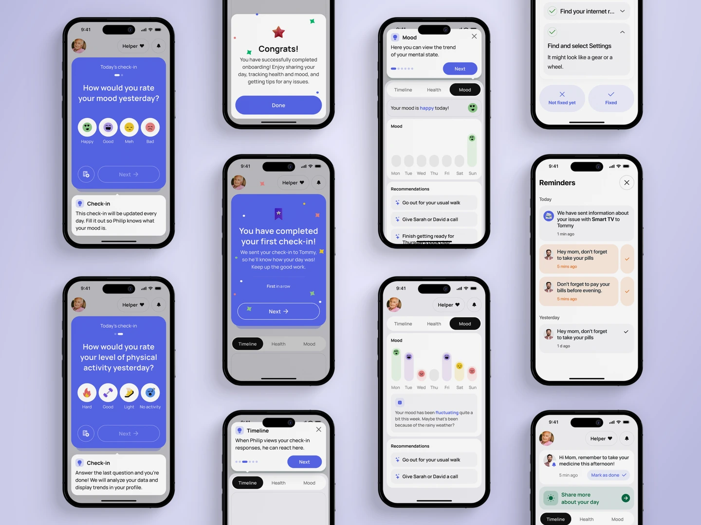 Gildage mobile interface collection showing mood, reminders, check‑ins, and&nbsp;family messages