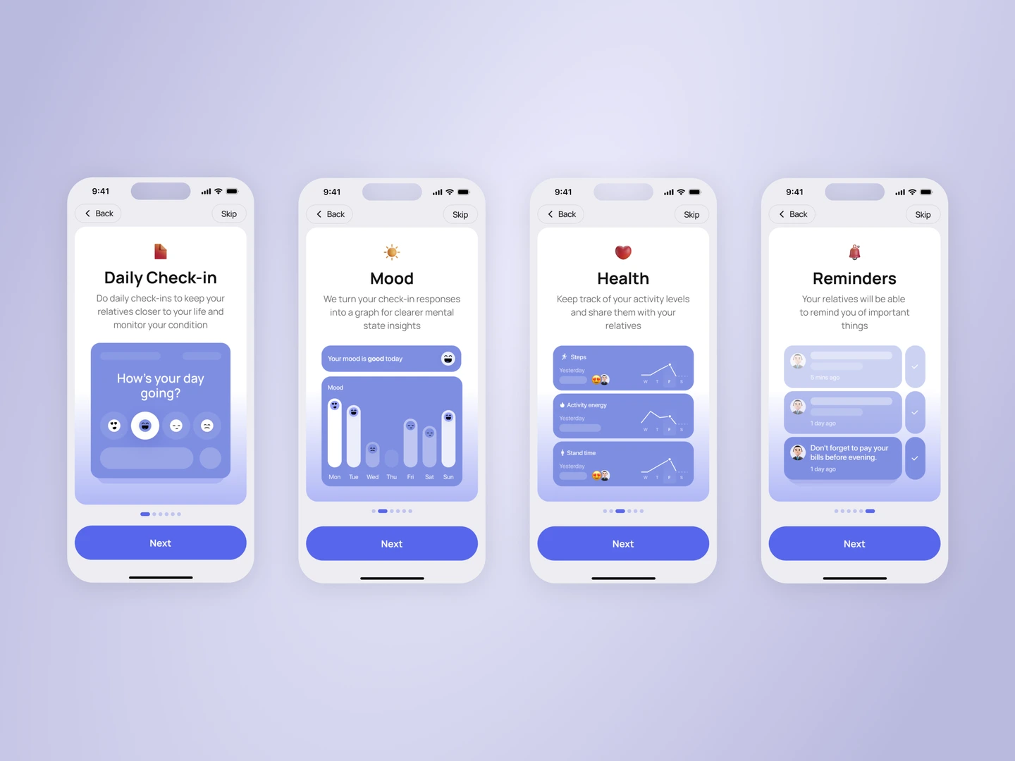 Gildage onboarding introducing daily check‑ins, mood, health, and&nbsp;reminders