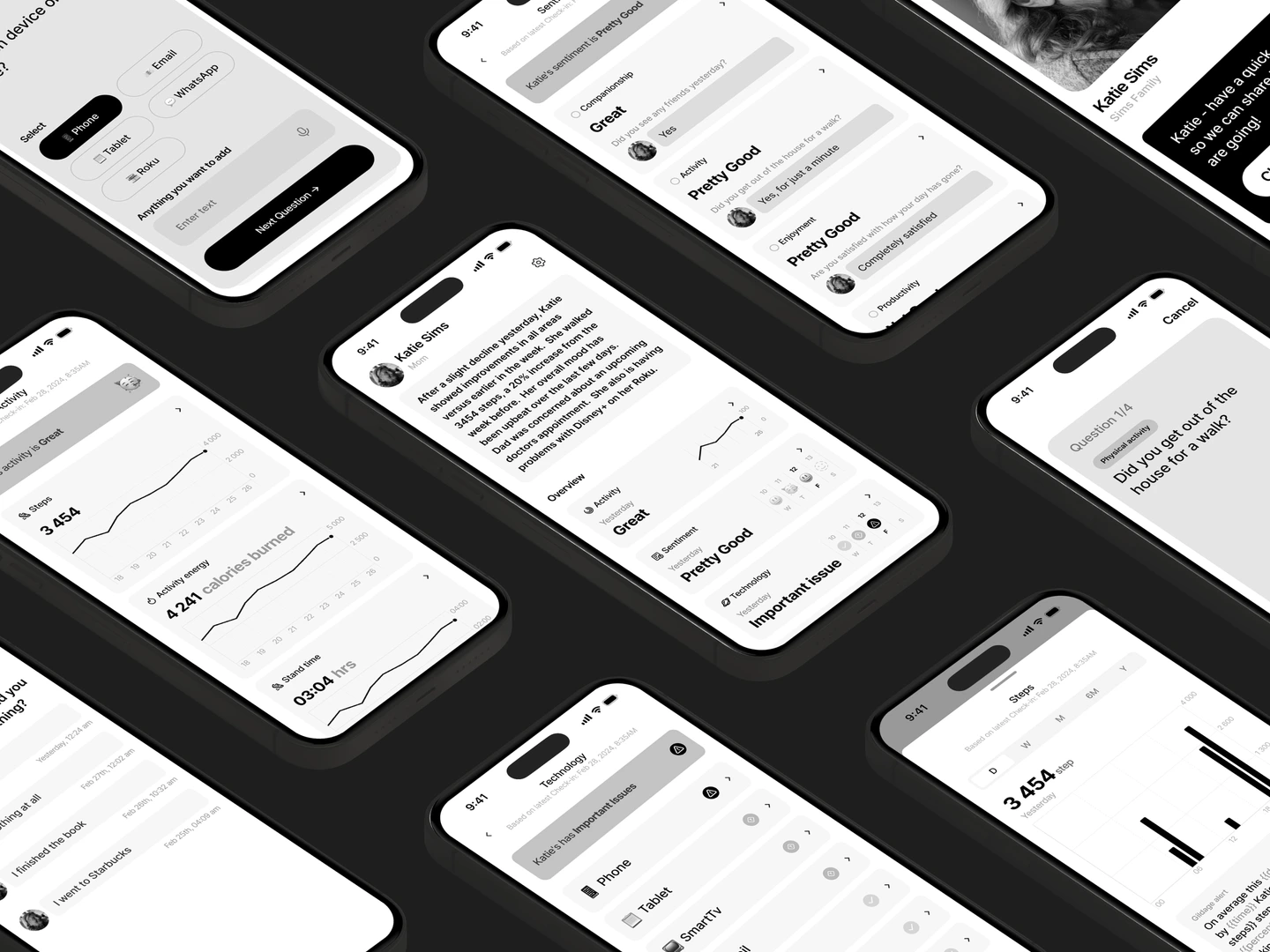 Early Gildage mobile wireframes for&nbsp;check‑ins, mood, activity, and&nbsp;family updates