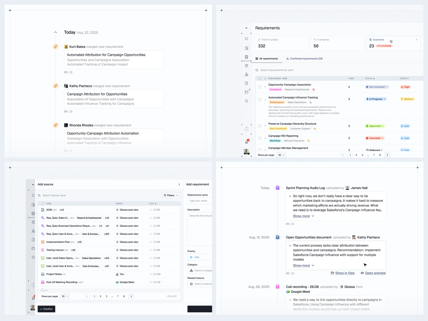Requirement activity, review statuses, source documents, and&nbsp;linked meeting excerpts