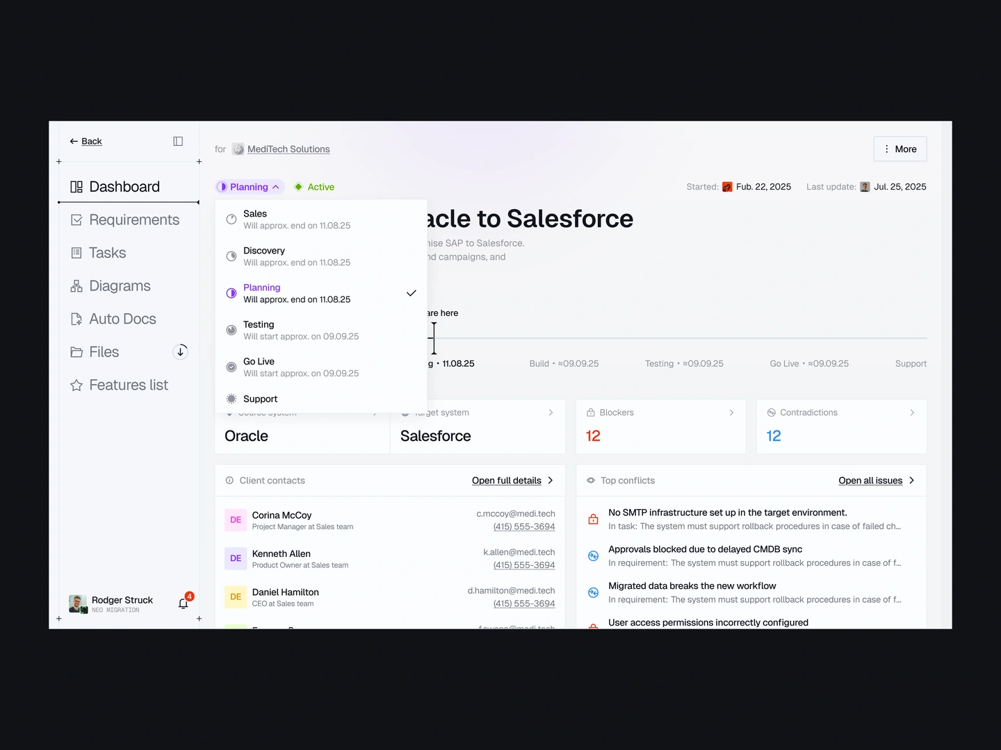 Project dashboard with&nbsp;lifecycle stage selector, blockers, and&nbsp;contradictions
