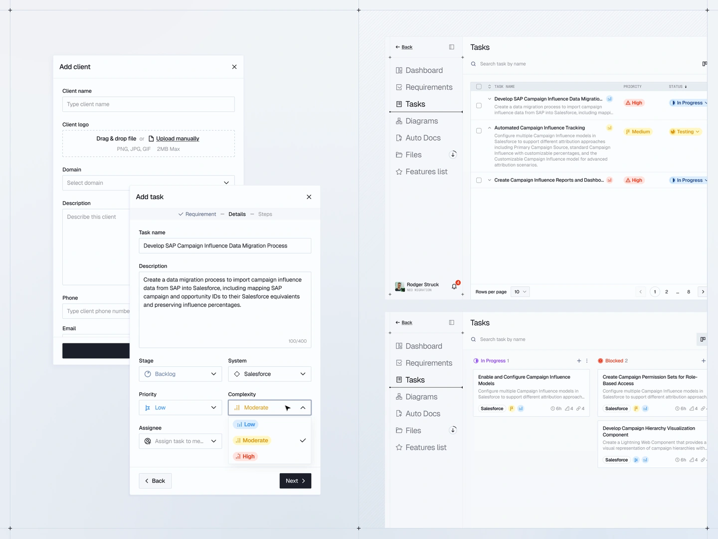 Client and&nbsp;task creation forms alongside task table and&nbsp;board views