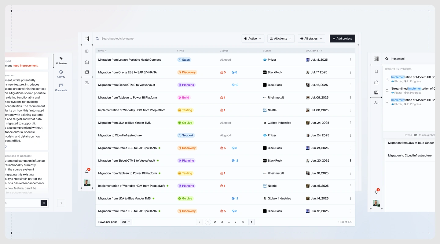 Glossa project overview with&nbsp;lifecycle stages, client filters, and&nbsp;global search