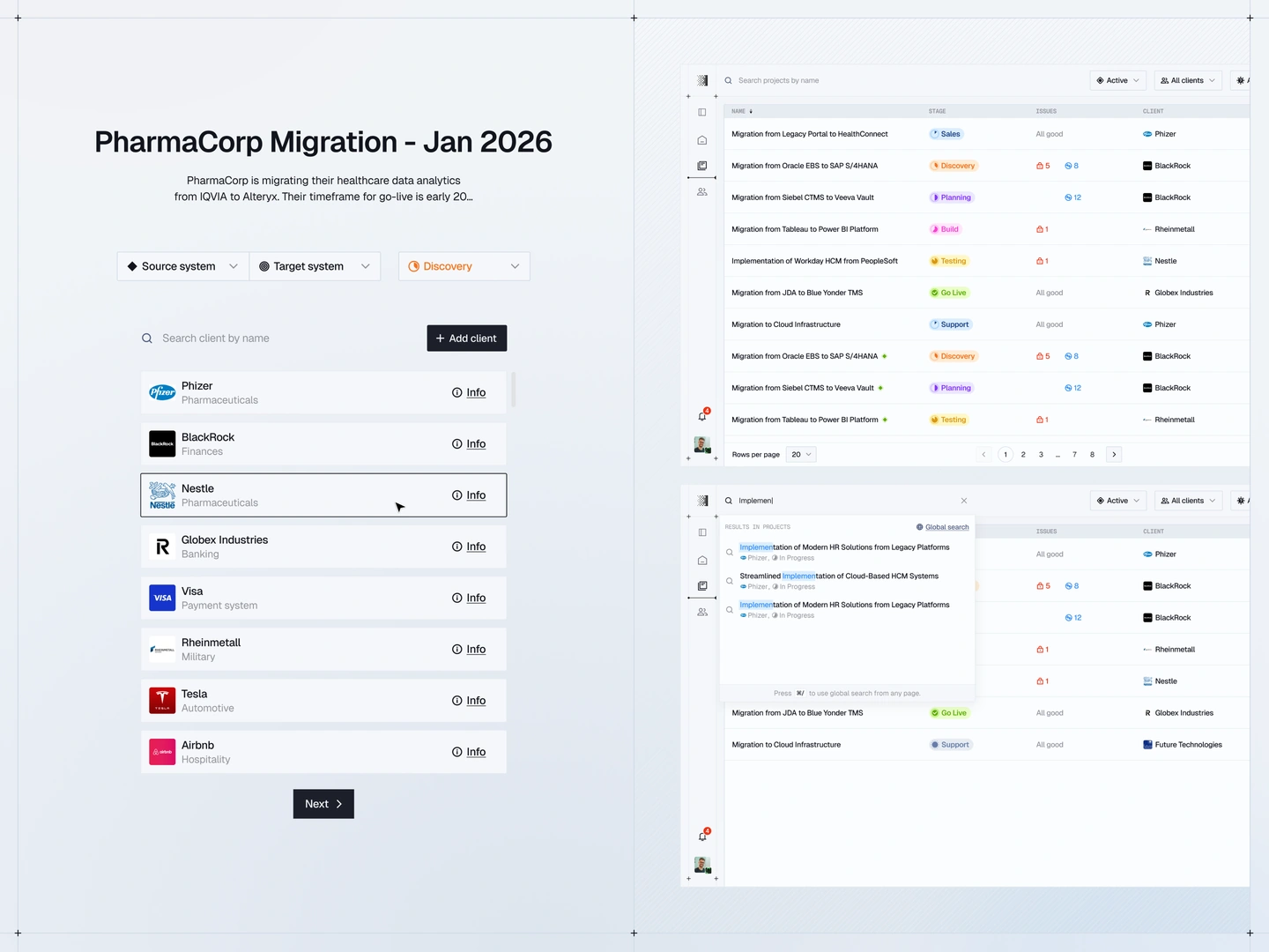 Project setup with&nbsp;client selection alongside project search and&nbsp;filtering