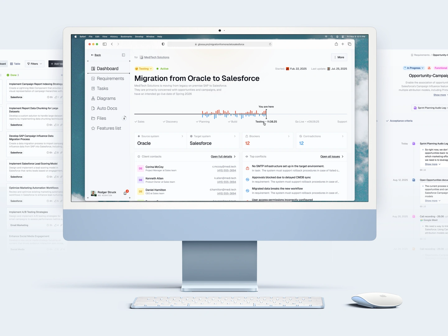 Glossa desktop workspace showing a&nbsp;project dashboard, task board, and&nbsp;requirement detail