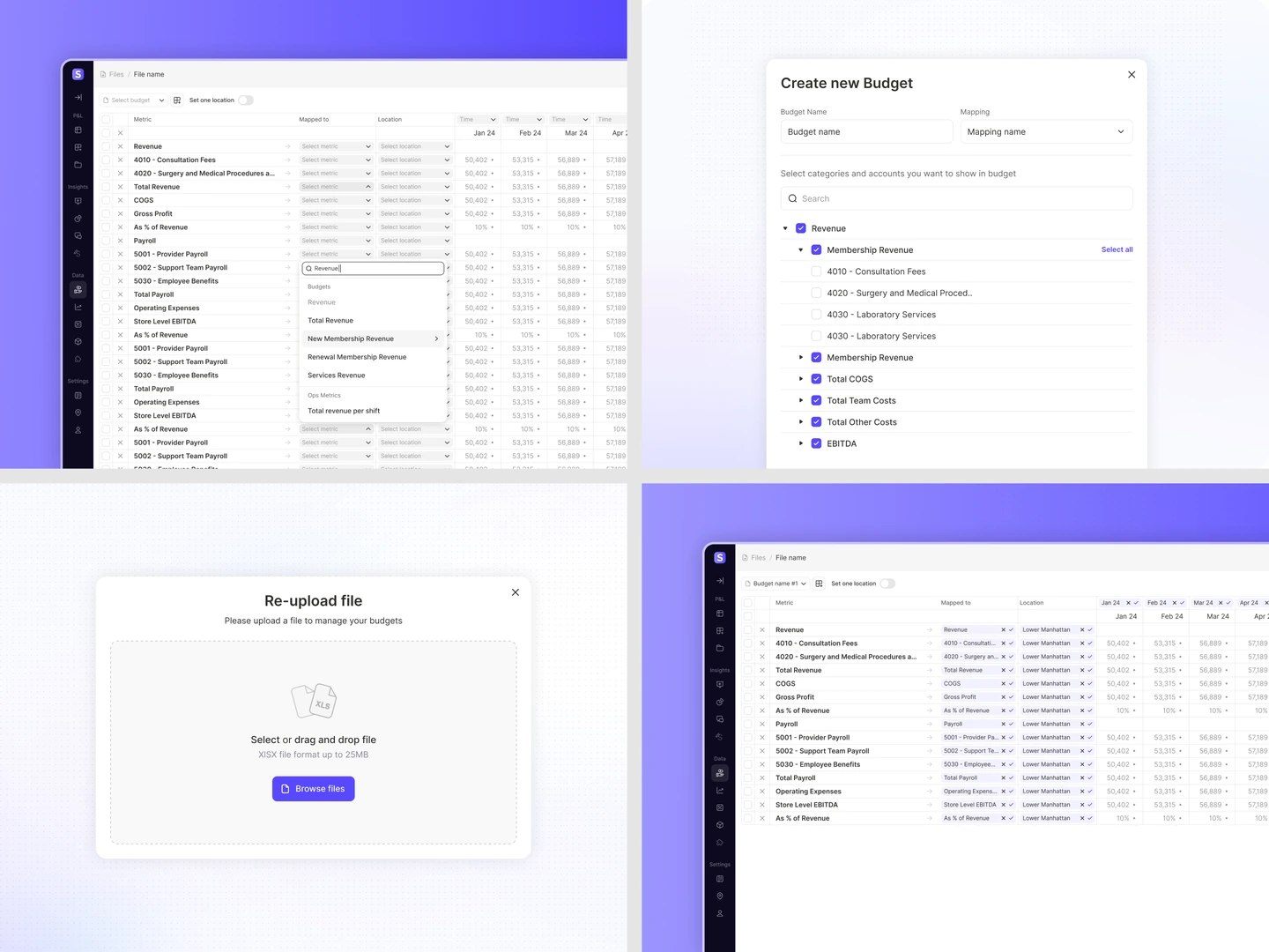 Sitelevel budget creation, account selection, file upload, and&nbsp;mapped budget views