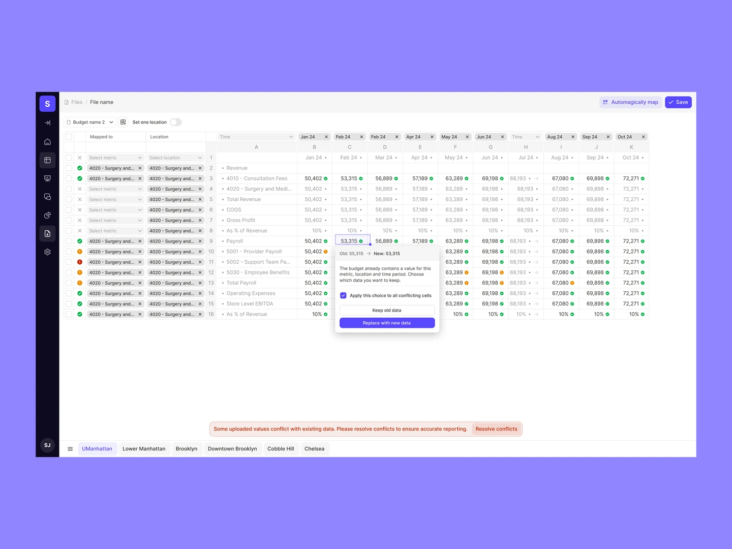 Sitelevel spreadsheet mapping with&nbsp;metric and&nbsp;location selectors, monthly columns, and&nbsp;conflict resolution