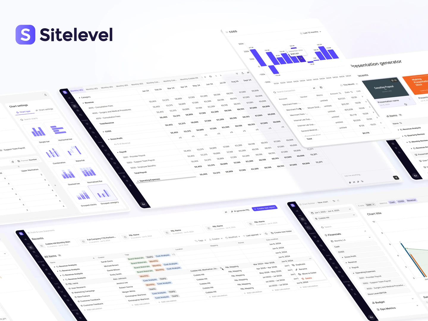 Sitelevel financial workspace with&nbsp;reports, charts, transaction detail, and&nbsp;presentation controls