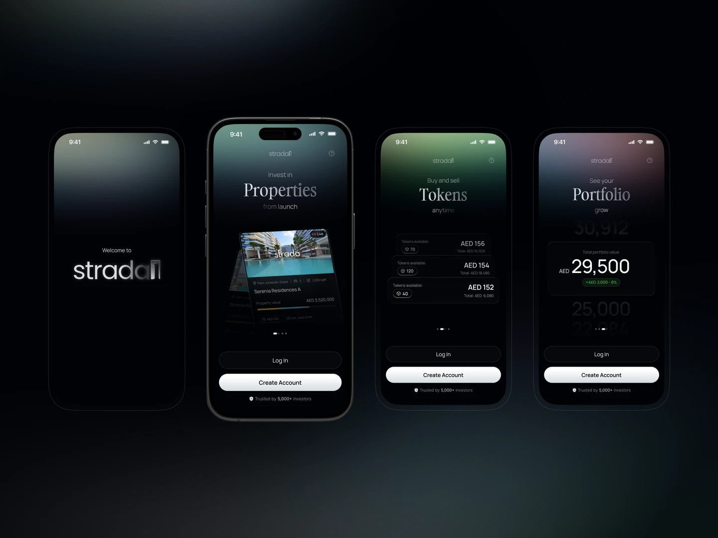 Strada mobile welcome and&nbsp;onboarding screens introducing properties, tokens, and&nbsp;portfolio ownership