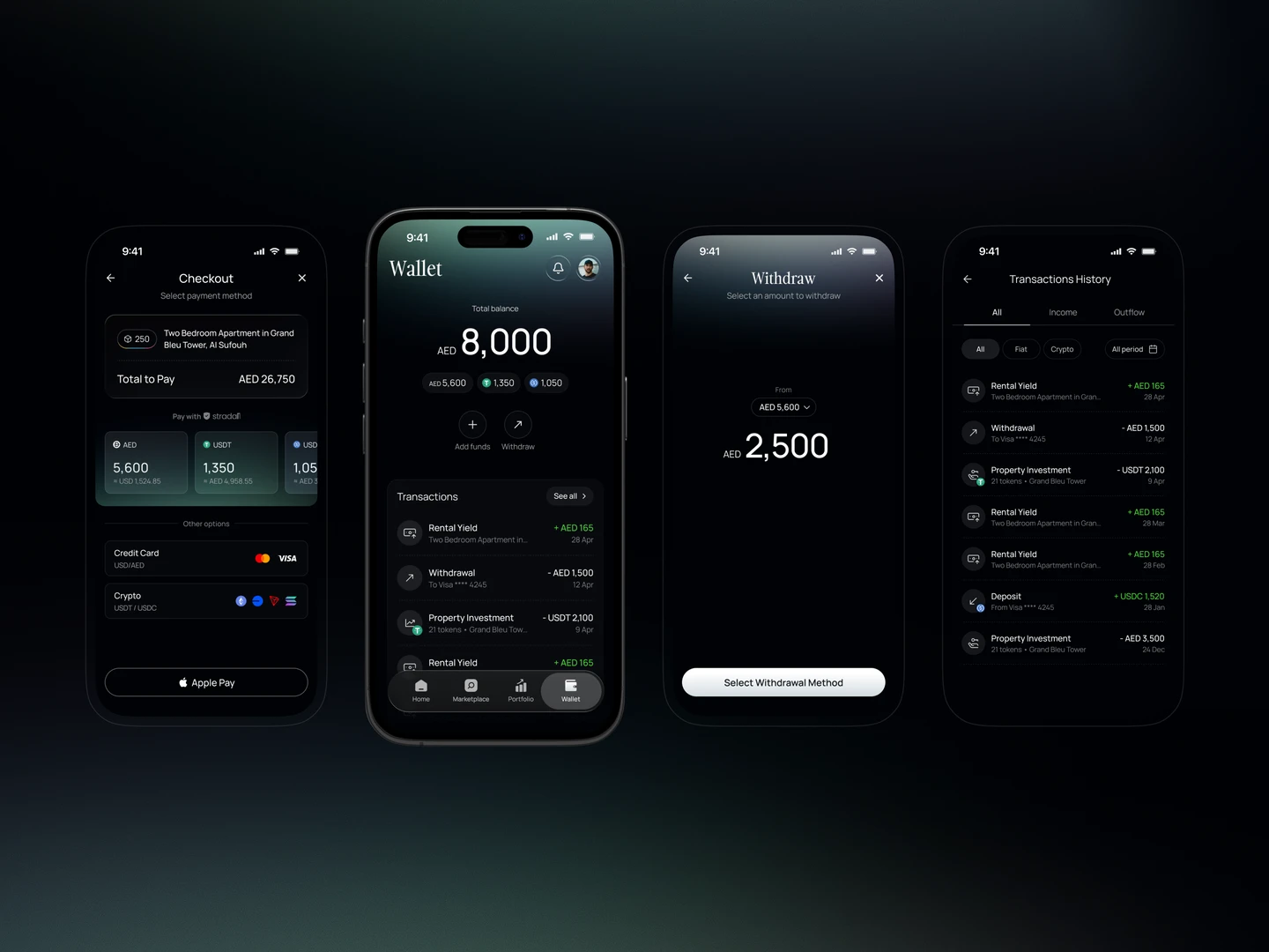 Strada checkout, wallet balance, withdrawal, and&nbsp;transaction‑history screens