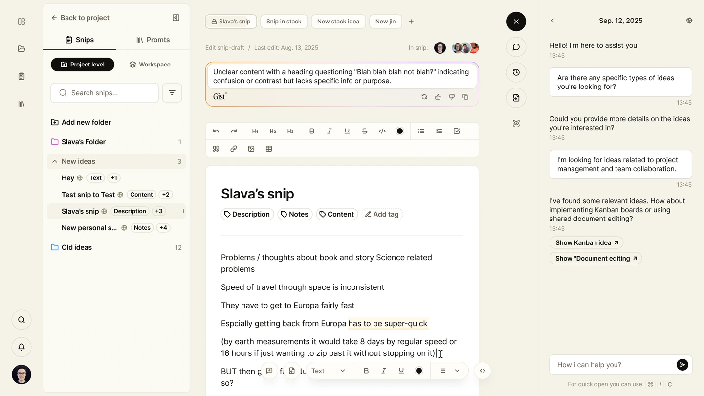 Synthweave document editor with&nbsp;Gist AI conversation open in&nbsp;the&nbsp;right panel