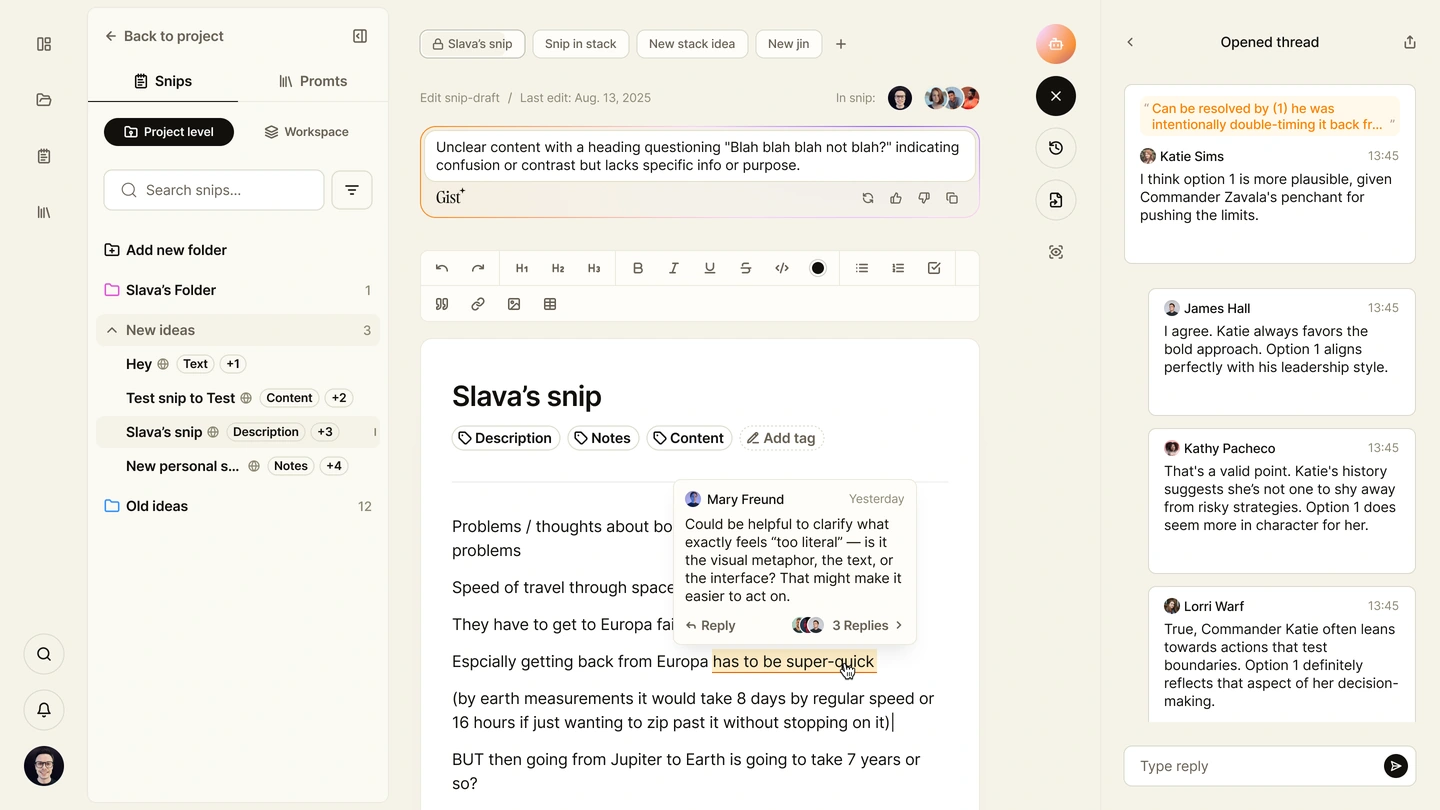 Synthweave editor with&nbsp;a&nbsp;highlighted passage and&nbsp;an&nbsp;open comment thread