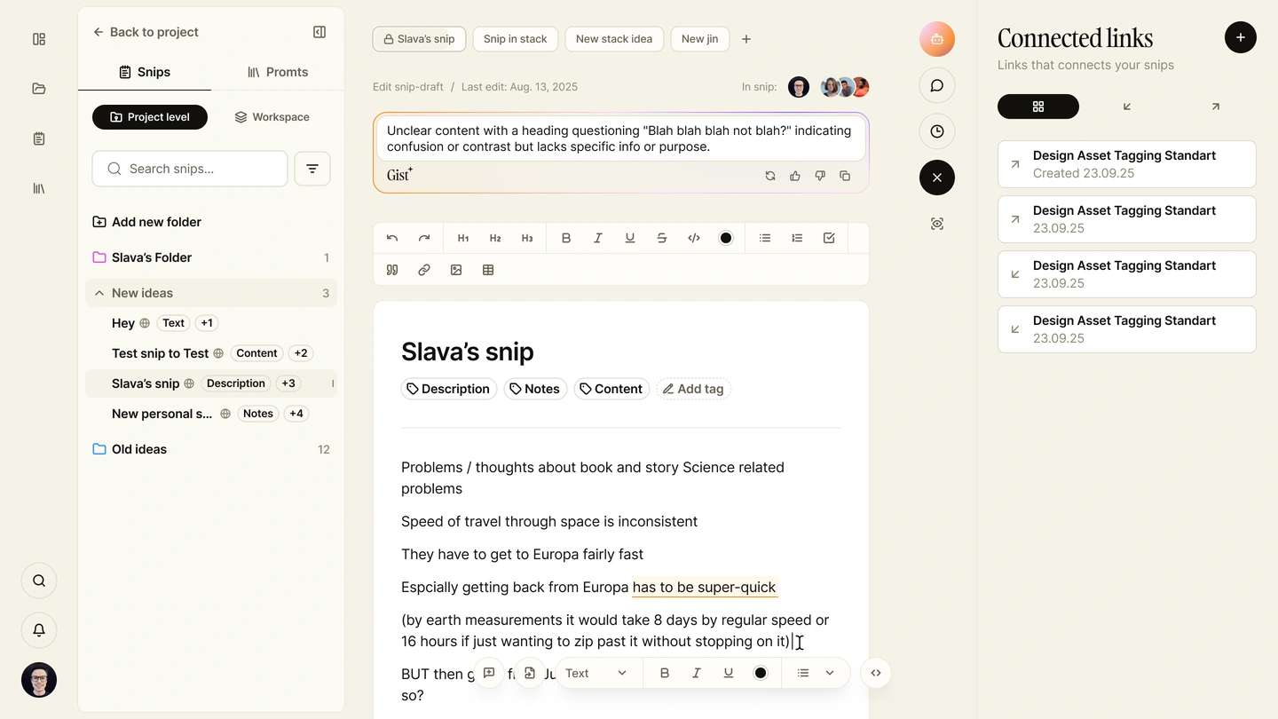 Synthweave editor with&nbsp;incoming and&nbsp;outgoing links to&nbsp;related snips