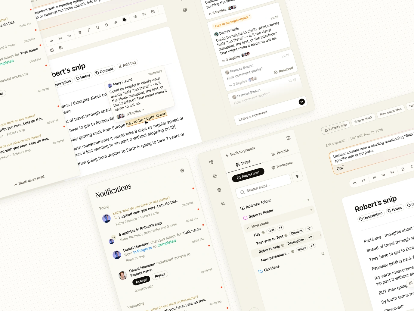 Synthweave collage of&nbsp;document editing, comments, notifications, and&nbsp;navigation