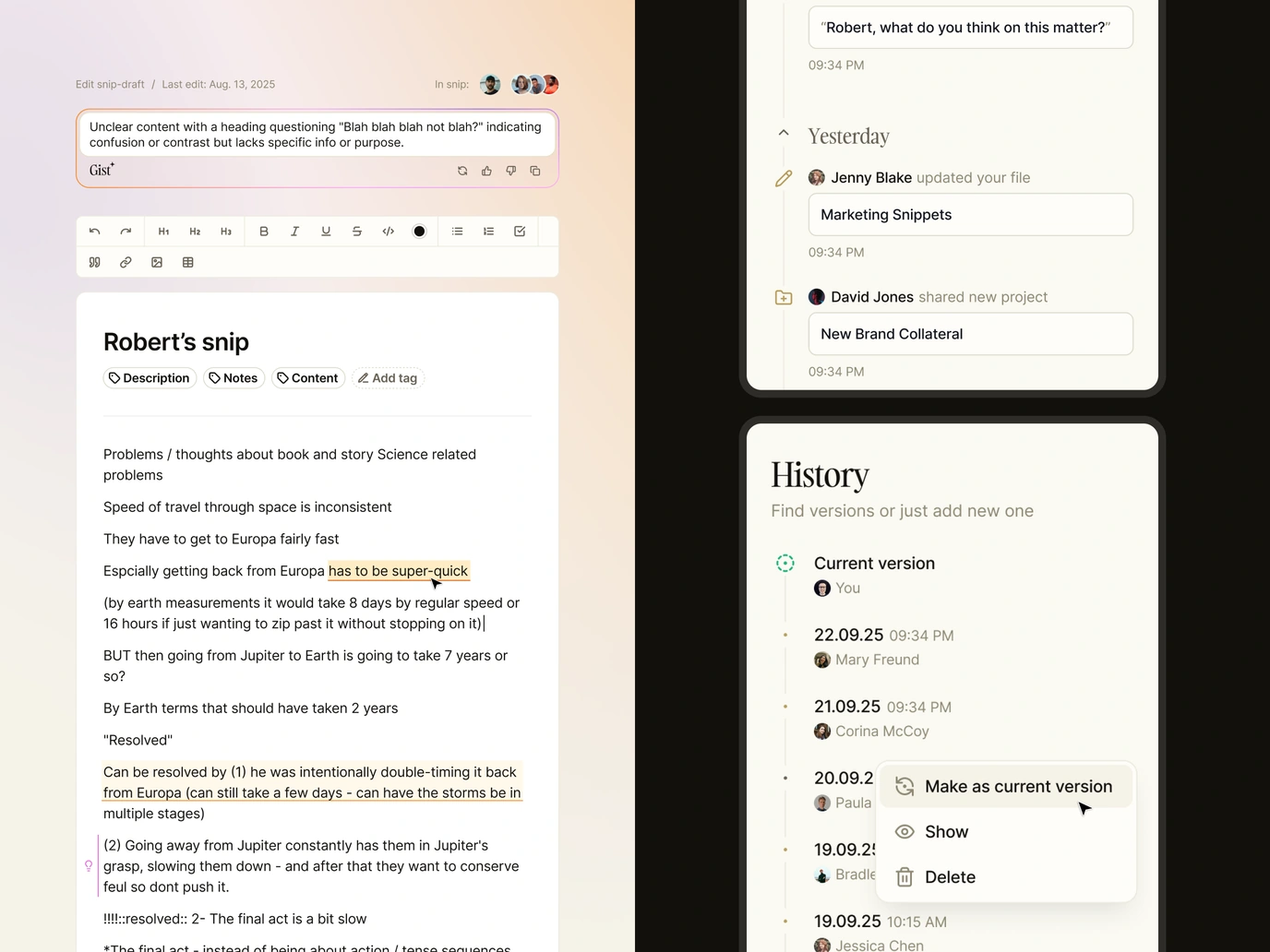 Synthweave presentation of&nbsp;the&nbsp;editor, activity feed, and&nbsp;document history