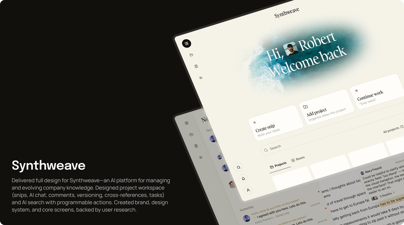 Synthweave workspace presentation with&nbsp;home, projects, and&nbsp;shared knowledge