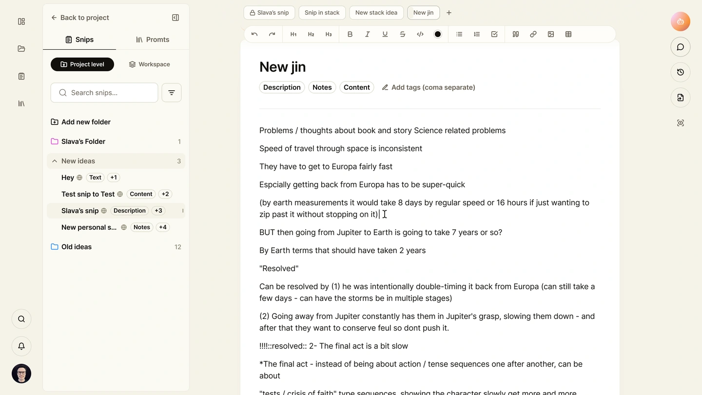 Scrolled Synthweave document with&nbsp;persistent formatting controls and&nbsp;snip navigation