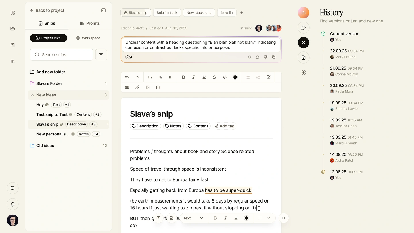 Synthweave editor with&nbsp;version history, current version, timestamps, and&nbsp;contributors