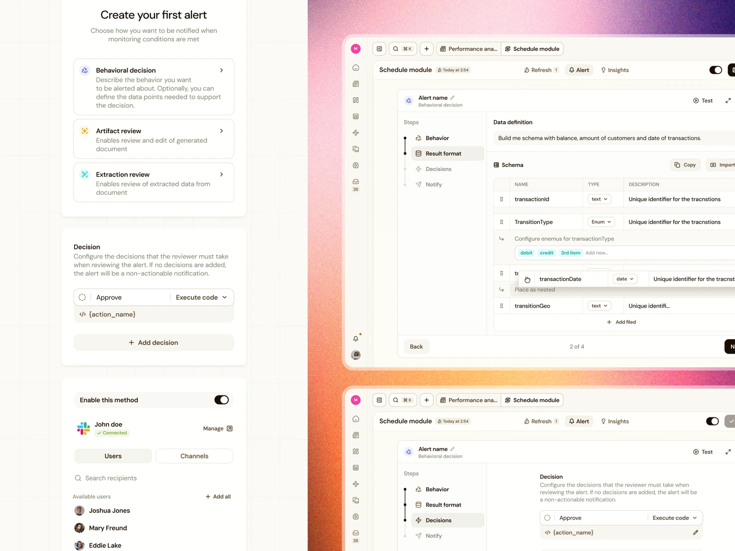 Terrabase alert setup with&nbsp;result schema, reviewer decisions, and&nbsp;Slack notification recipients