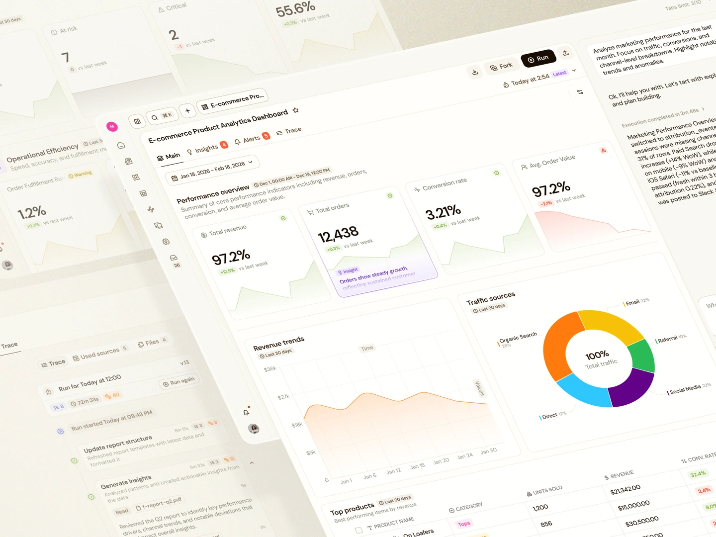 Terrabase dashboard composition with&nbsp;KPI cards, charts, tables, and&nbsp;execution trace