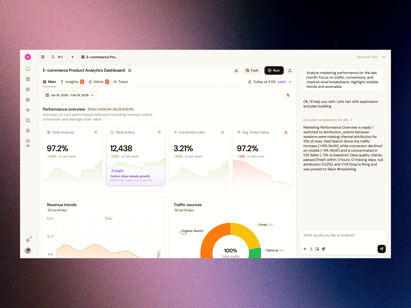 Terrabase analytics dashboard with&nbsp;performance metrics, charts, insights, and&nbsp;an&nbsp;AI conversation