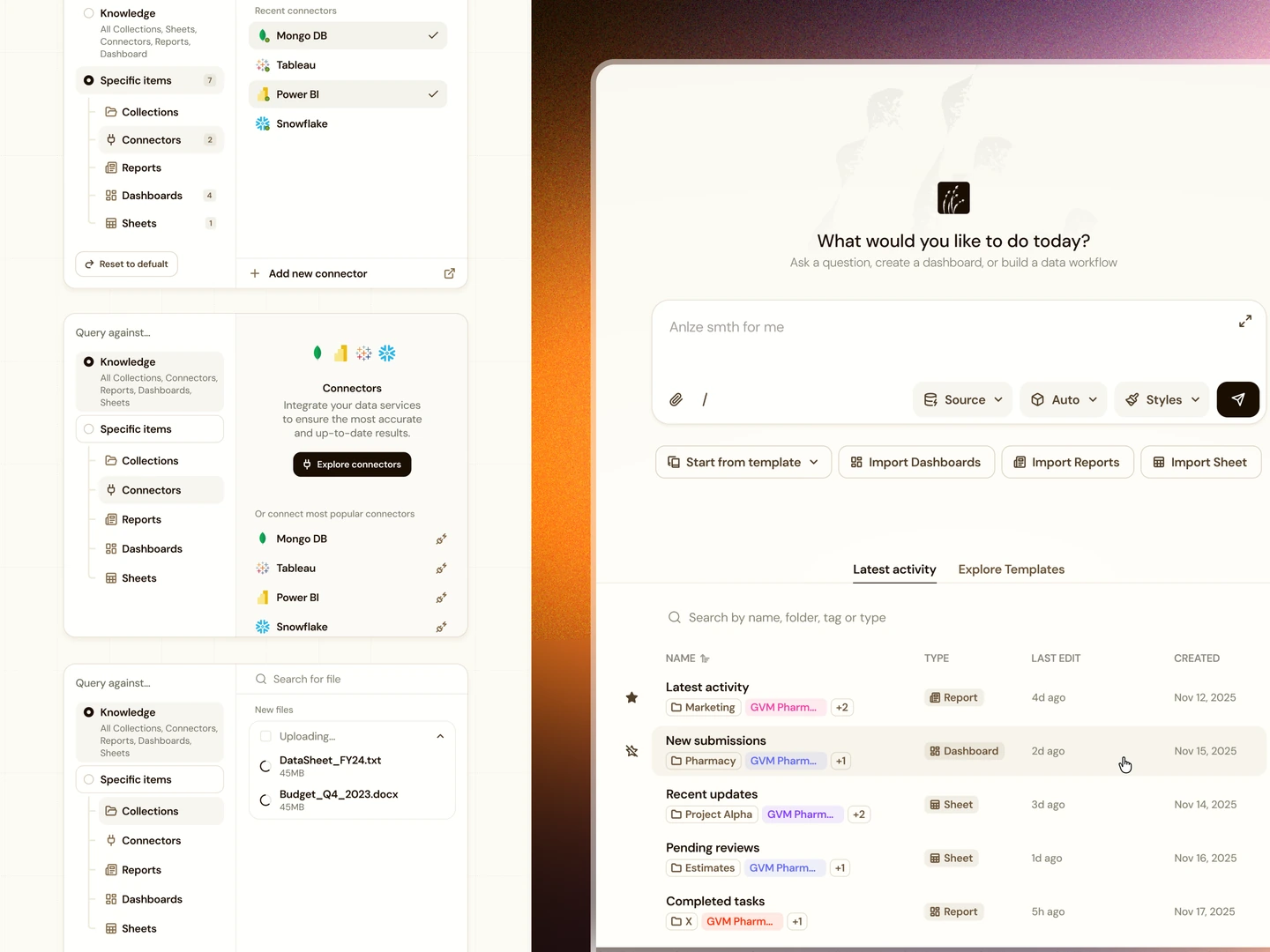 Terrabase prompt workspace with&nbsp;source selection, connectors, file uploads, and&nbsp;output controls